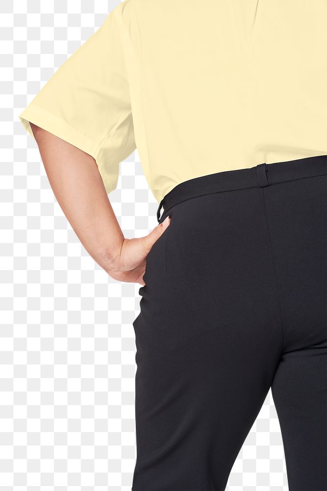 Plus size yellow shirt black pants apparel png mockup body positivity shoot