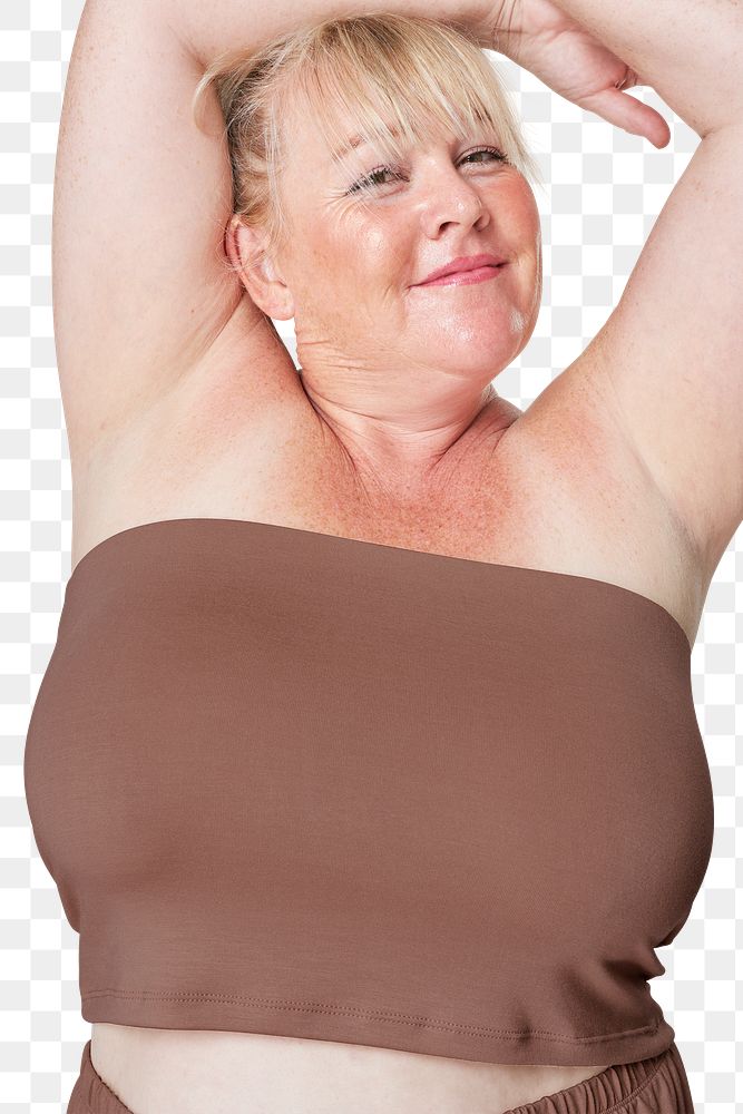 Png gorgeous mature curvy woman brown strapless top mockup