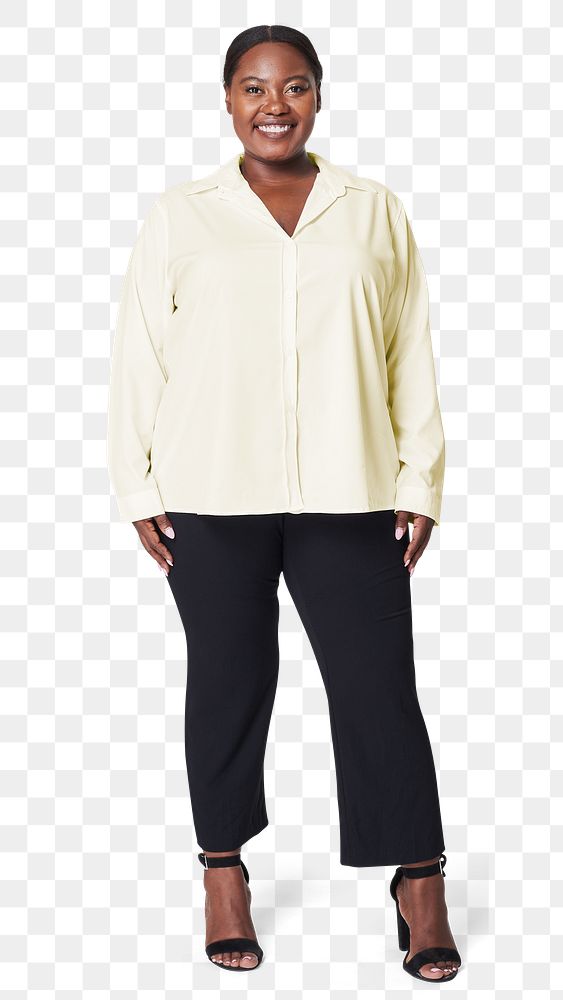 Plus size yellow shirt black pants apparel mockup body positivity shoot