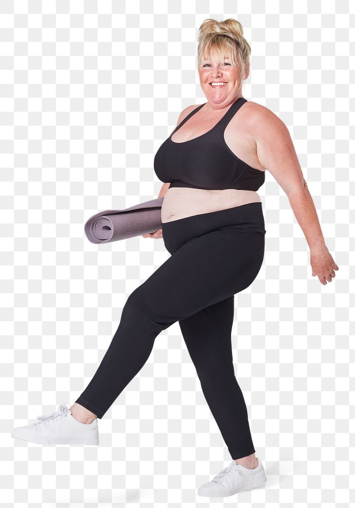 Body positivity curvy woman sportswear with yoga mat mockup png
