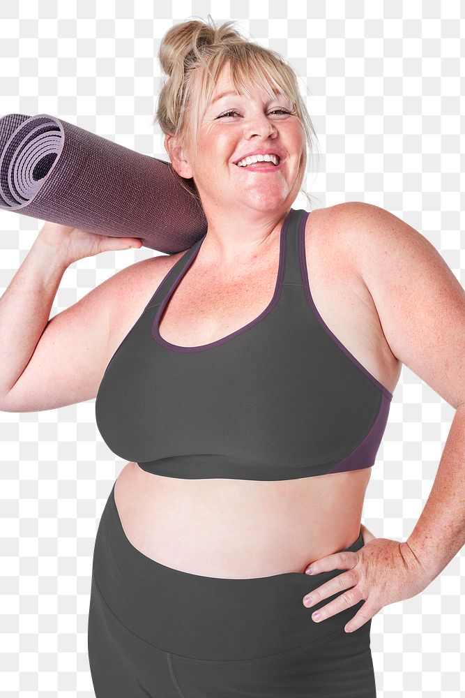 Gorgeous curvy woman sportswear with yoga mat mockup png studio shot
