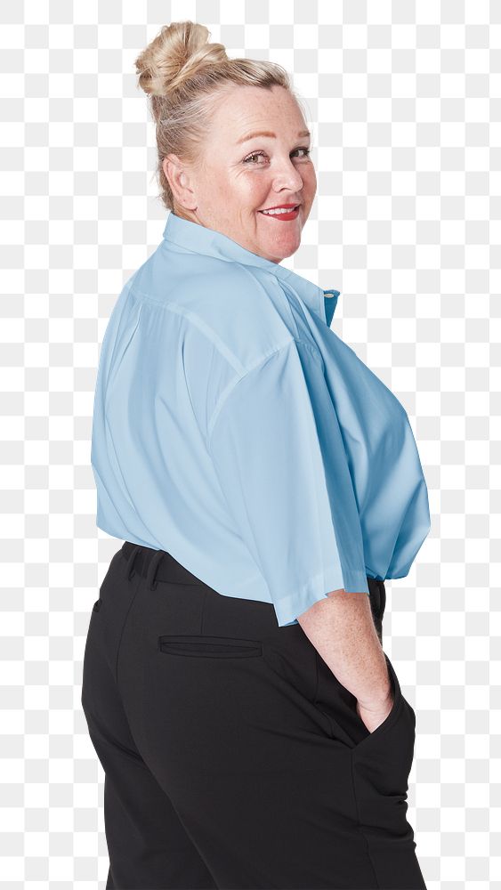 Women's plus size fashion blue shirt png apparel mockup