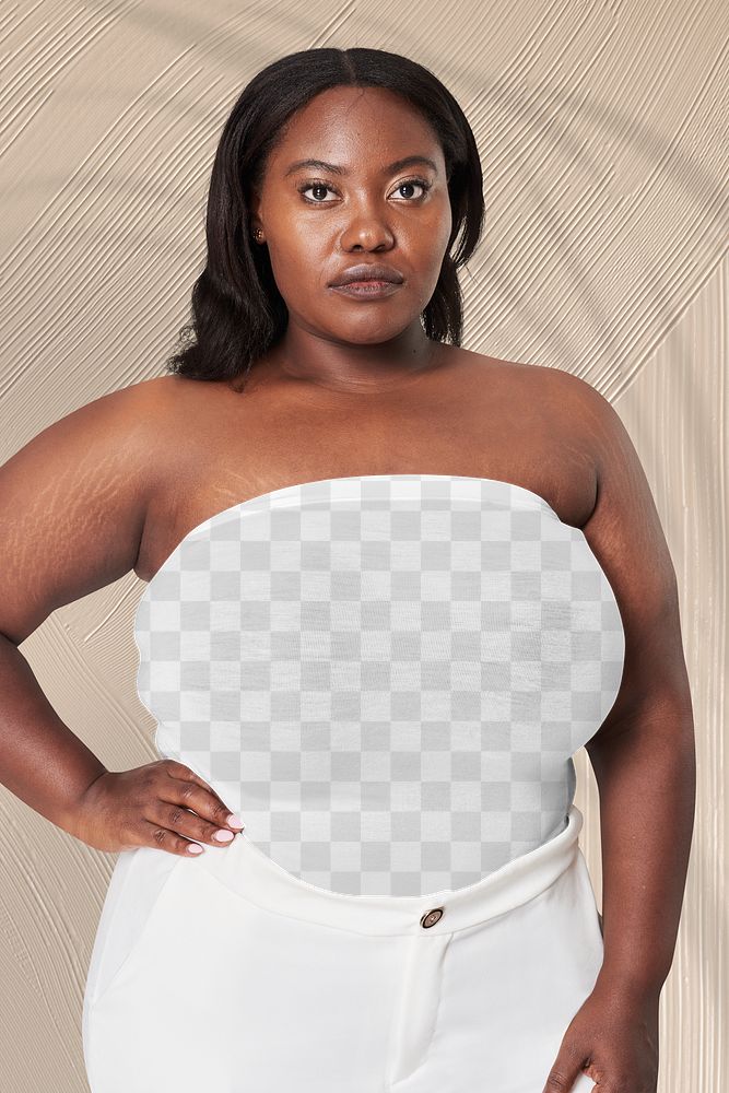 Curvy woman psd strapless top mockup apparel studio shoot
