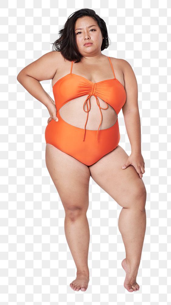 Plus size orange swimsuit png apparel mockup women's fashion