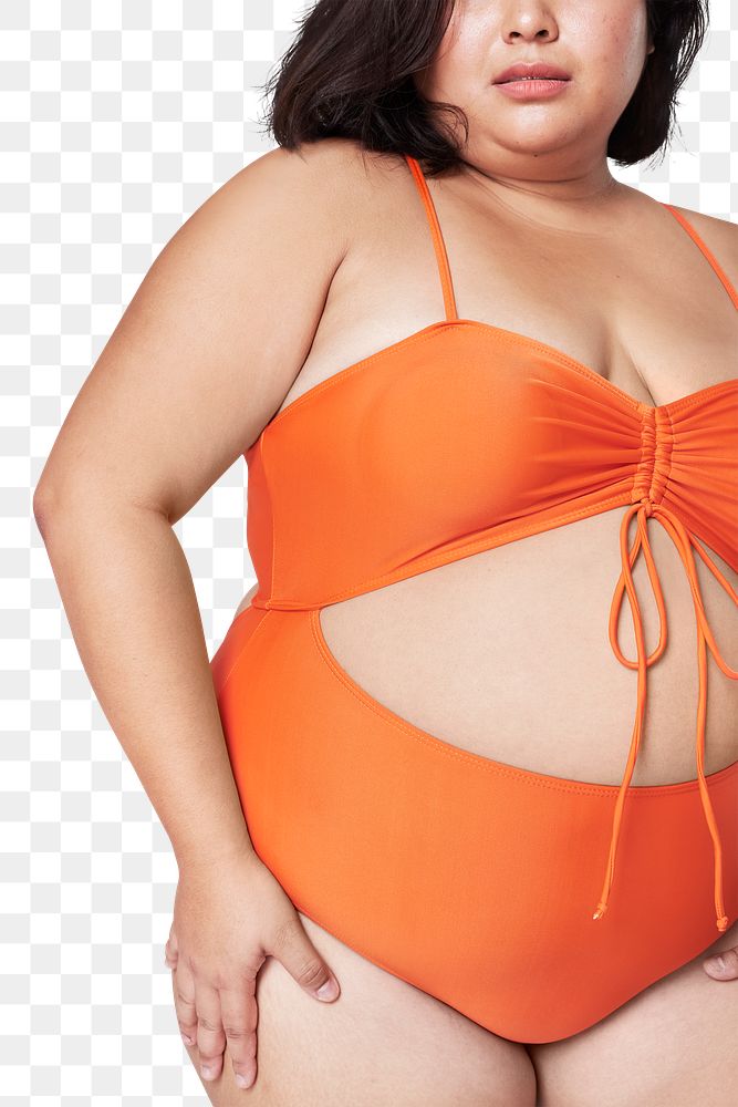 Plus size model png orange swimsuit apparel mockup