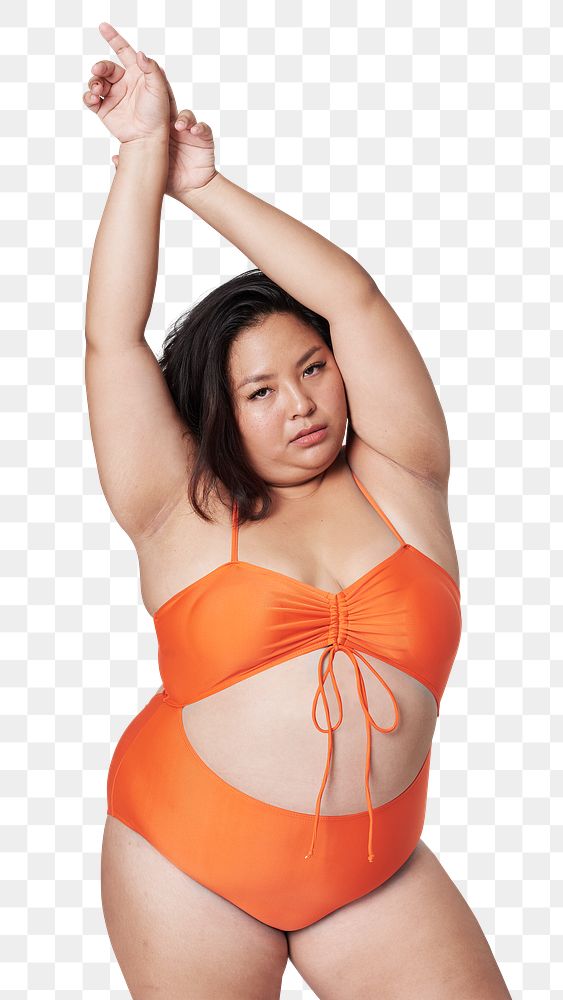 Women's orange swimsuit mockup png fashion shoot in studio