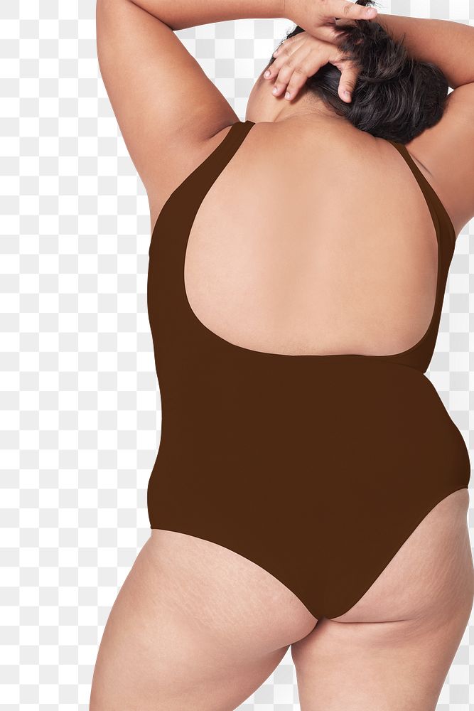 Women's brown swimsuit png model facing backward mockup