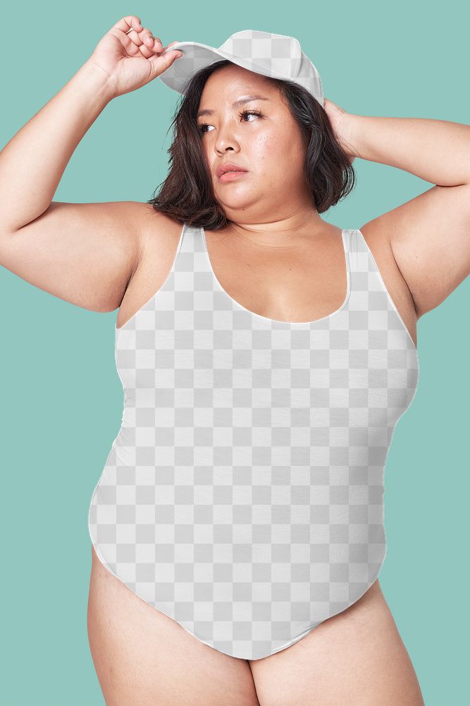 Plus size png model white swimsuit apparel mockup
