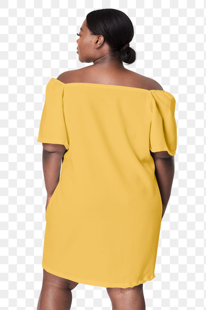 Png woman facing backward yellow dress plus size apparel fashion mockup