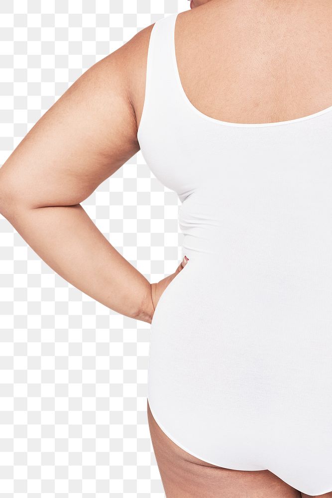 Png body positivity curvy woman white swimsuit mockup back closeup