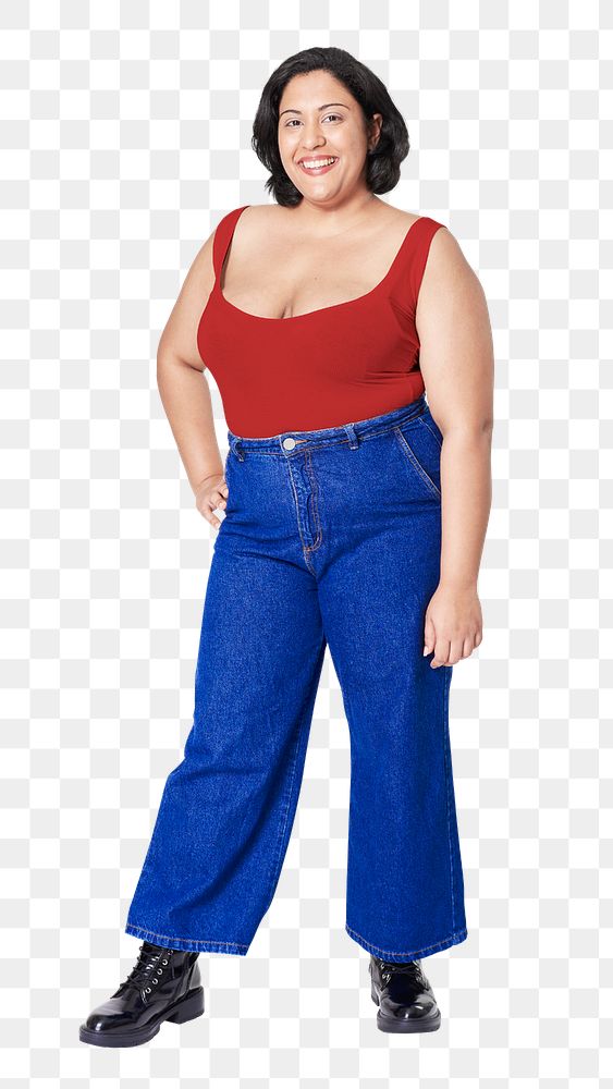 Plus size red tank top and jeans apparel png mockup women's fashion studio shot