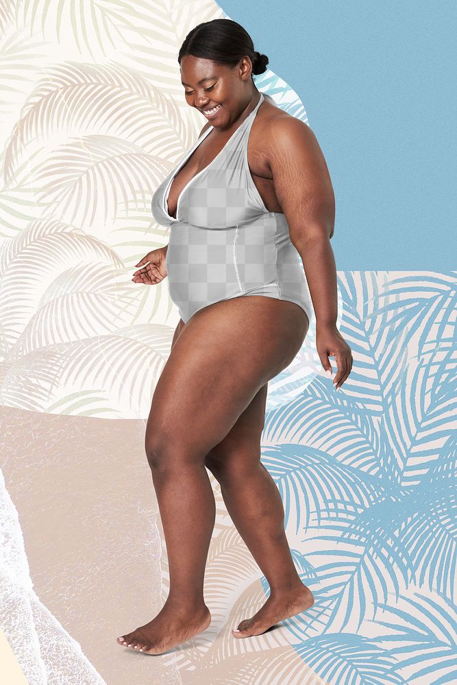Women's png swimsuit plus size apparel mockup model facing side