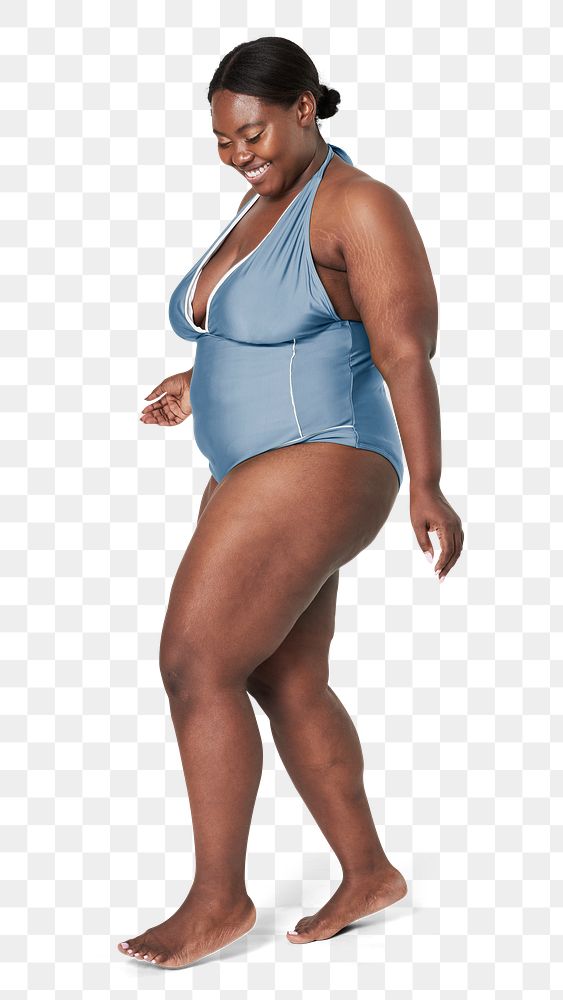 Body positivity png blue swimsuit mockup happy plus size model posing