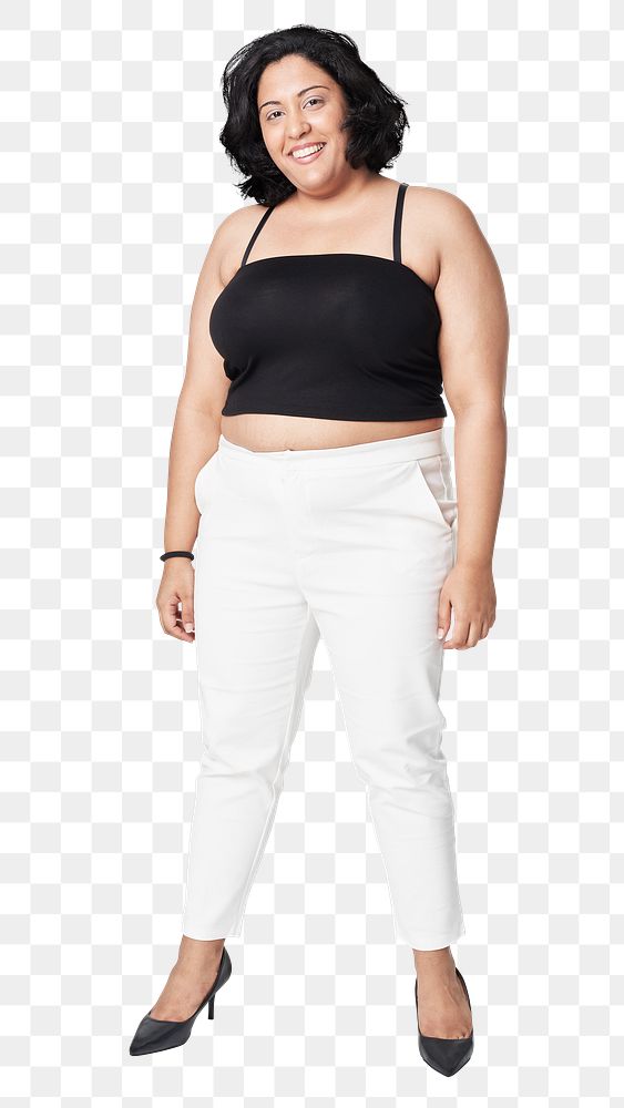Plus size black tank top and white pants png full body women's fashion