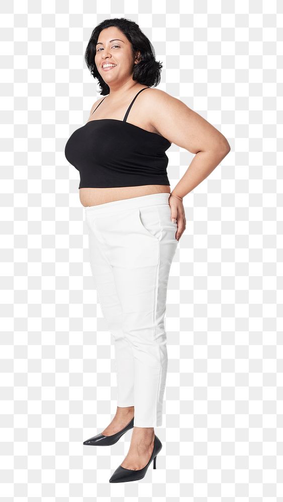 Plus size black tank top and white pants png full body women's fashion