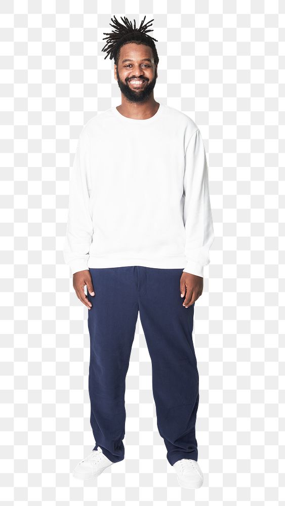 Man's white sweatshirt blue pants plus size fashion png mockup