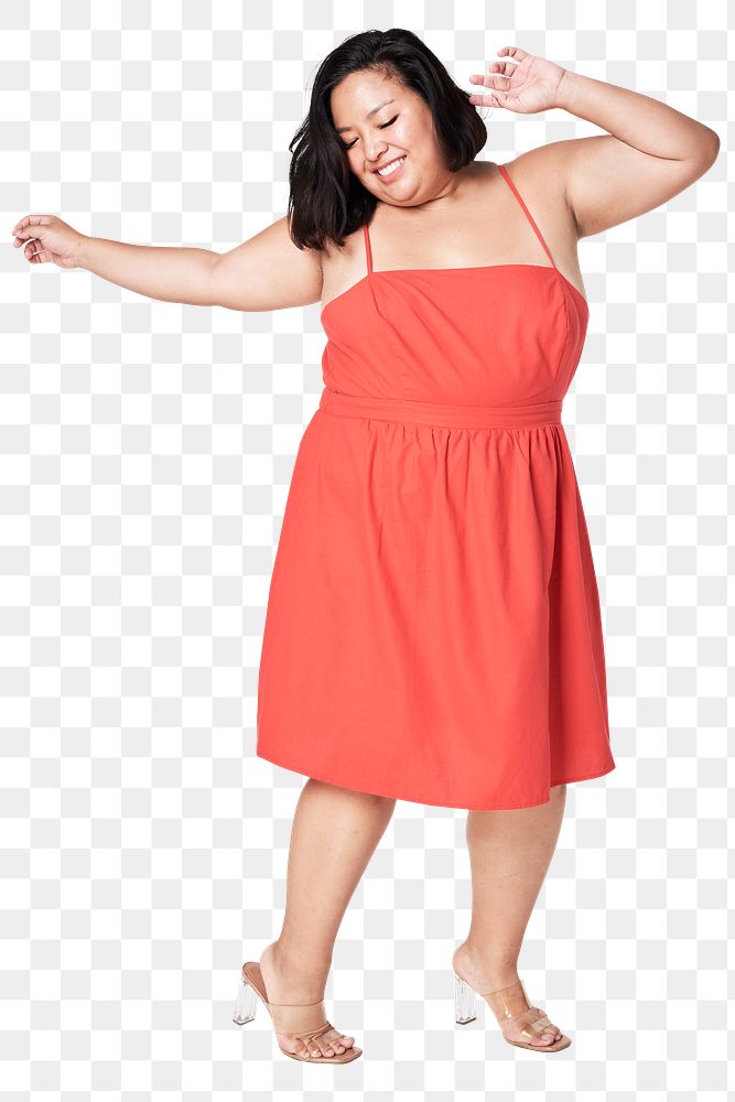 Body positivity red dress png happy plus size model posing