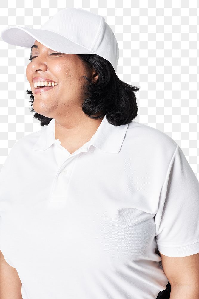Women's white cap png happy model fashion mockup