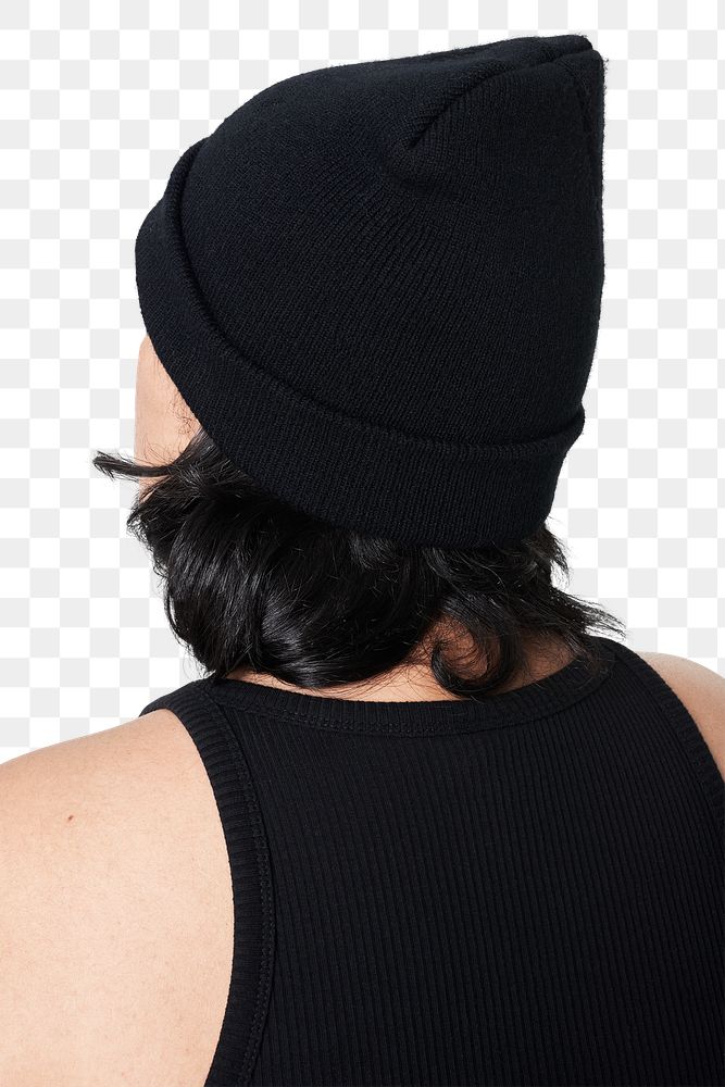 Women's apparel png black wool hat mockup model back facing