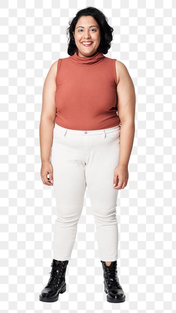 Women's plus size png fashion orange top and white jeans apparel mockup