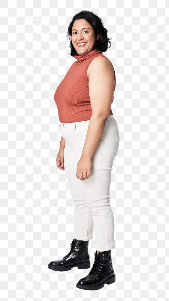 Png woman's orange top and white jeans plus size fashion mockup