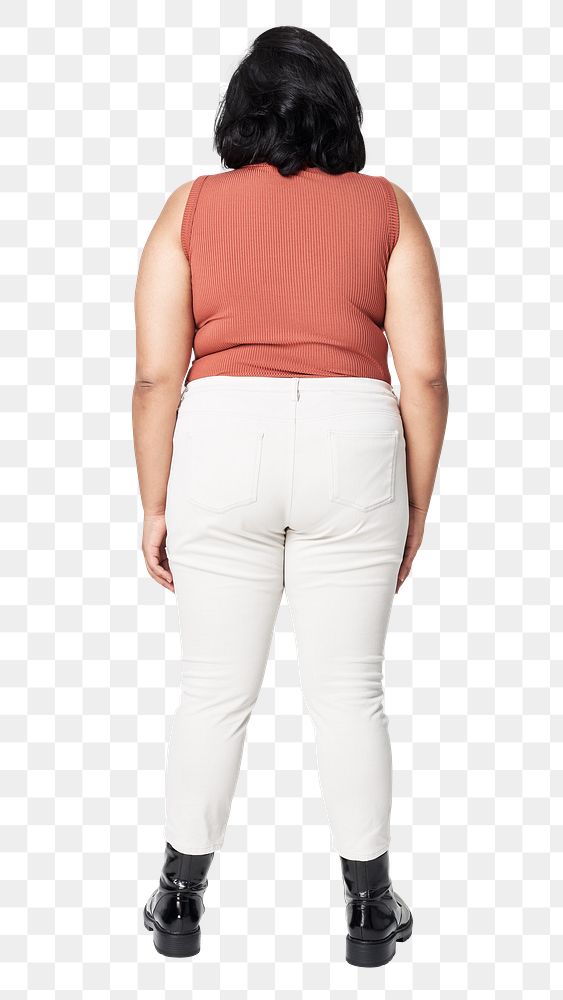 Woman facing backward png fashion mockup orange top white jeans apparel