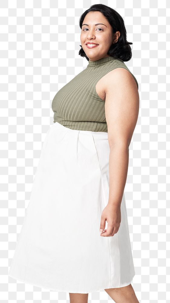Plus size png green top white skirt apparel mockup women's fashion