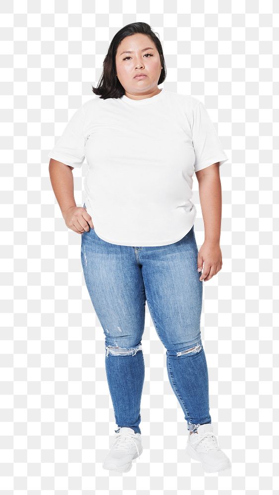 Plus size white tee and jeans apparel png mockup women's fashion