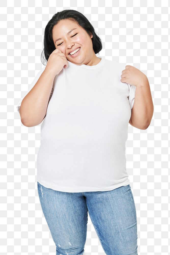 Plus size white tee and jeans apparel png mockup women's fashion