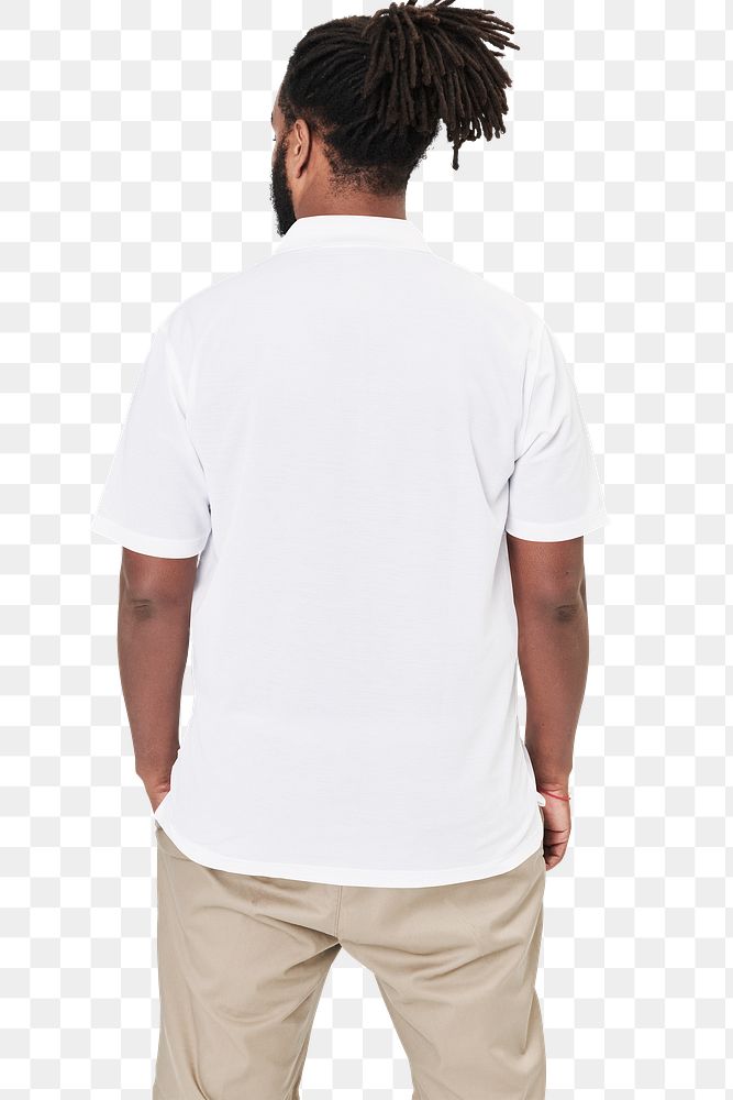 Men's white polo shirt png mockup model facing backward