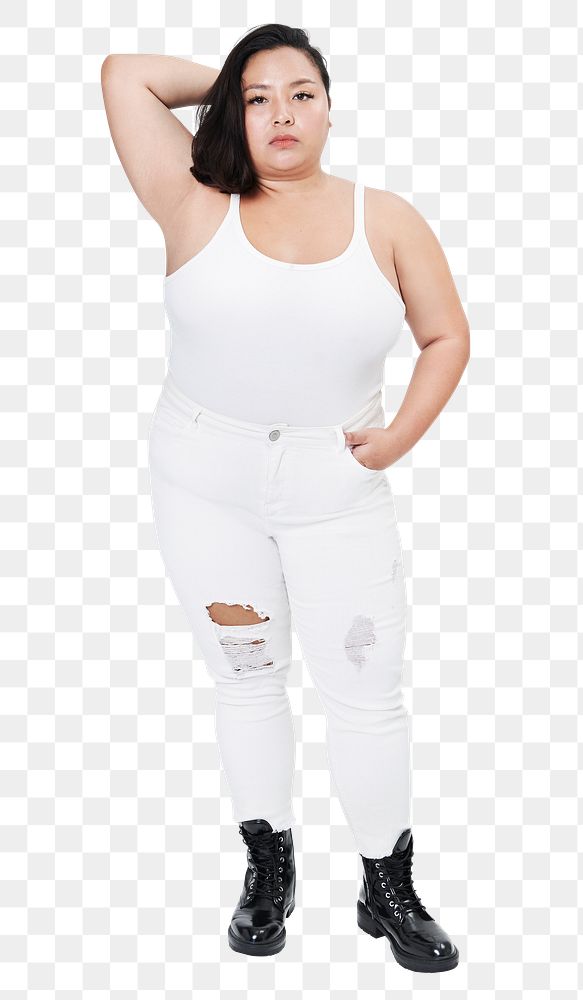 Plus size white tank top and jeans apparel png mockup women's fashion