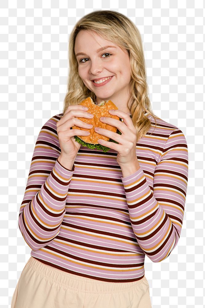 Hamburger png sticker, woman eating lunch, transparent background 