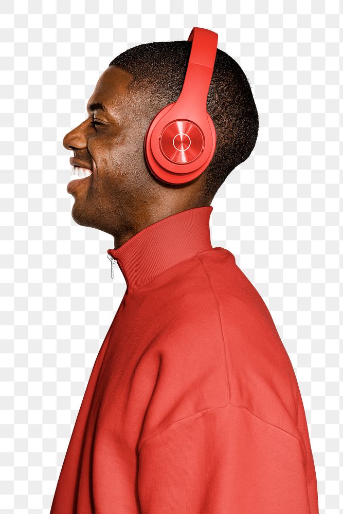 Png man listening to music in headphones, transparent background