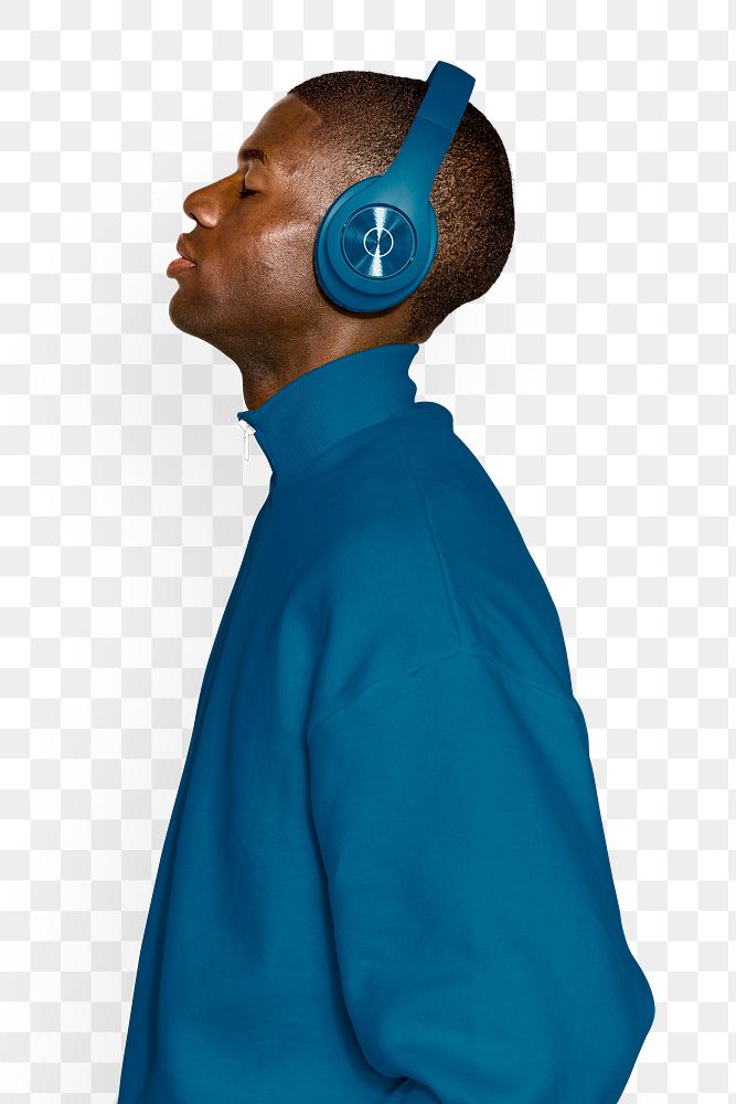 Png man listening to music in headphones, transparent background