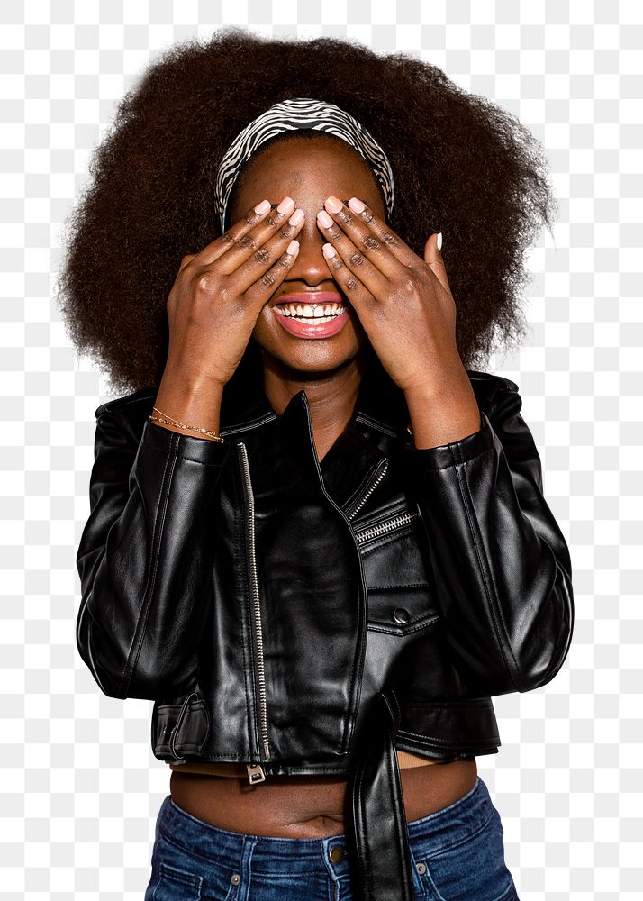 Png woman covering her eyes sticker, transparent background
