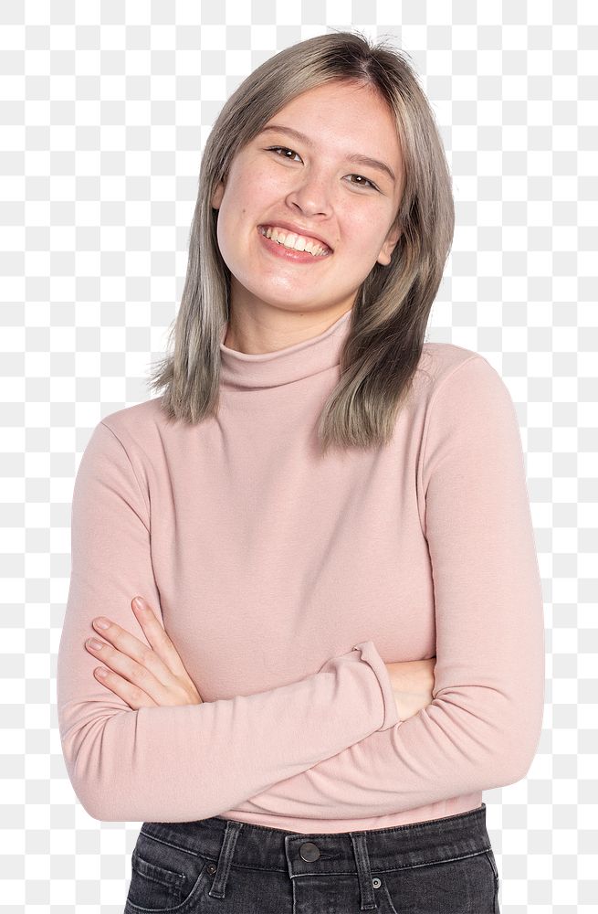 Happy woman png mockup in a pink turtleneck