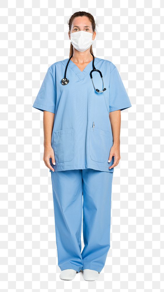 Female doctor png mockup in a blue gown full body