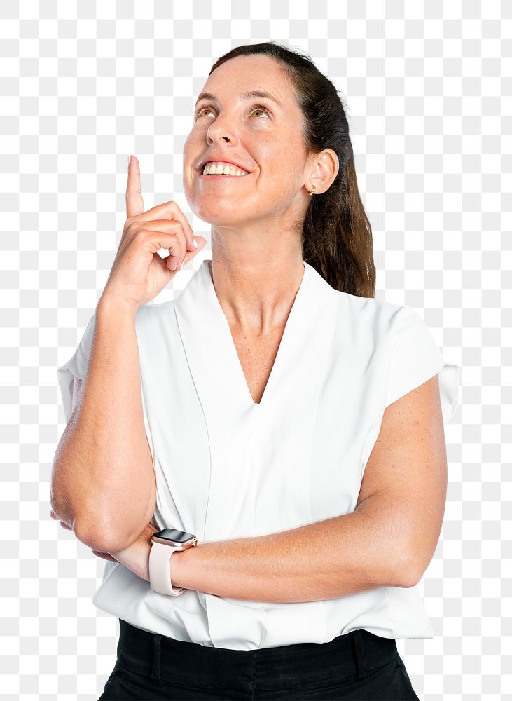 Female presenter png mockup pointing finger in the air