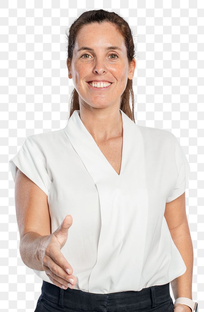 Happy woman png mockup greeting with a handshake