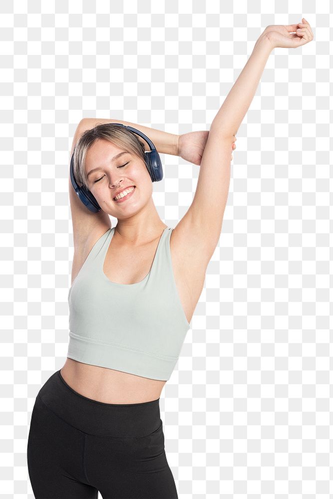 Woman png mockup listening to music from headphones