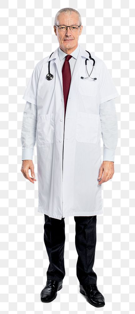 Cheerful male doctor png mockup in a white gown full body