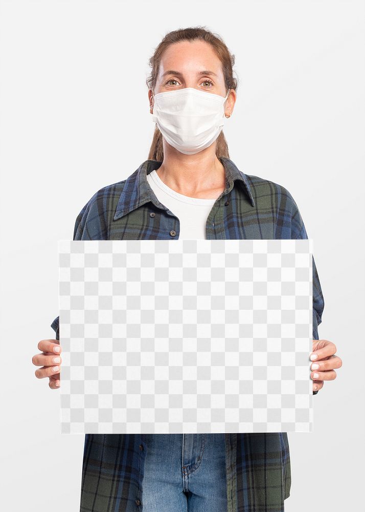 Sign board png mockup with a woman wearing a face mask