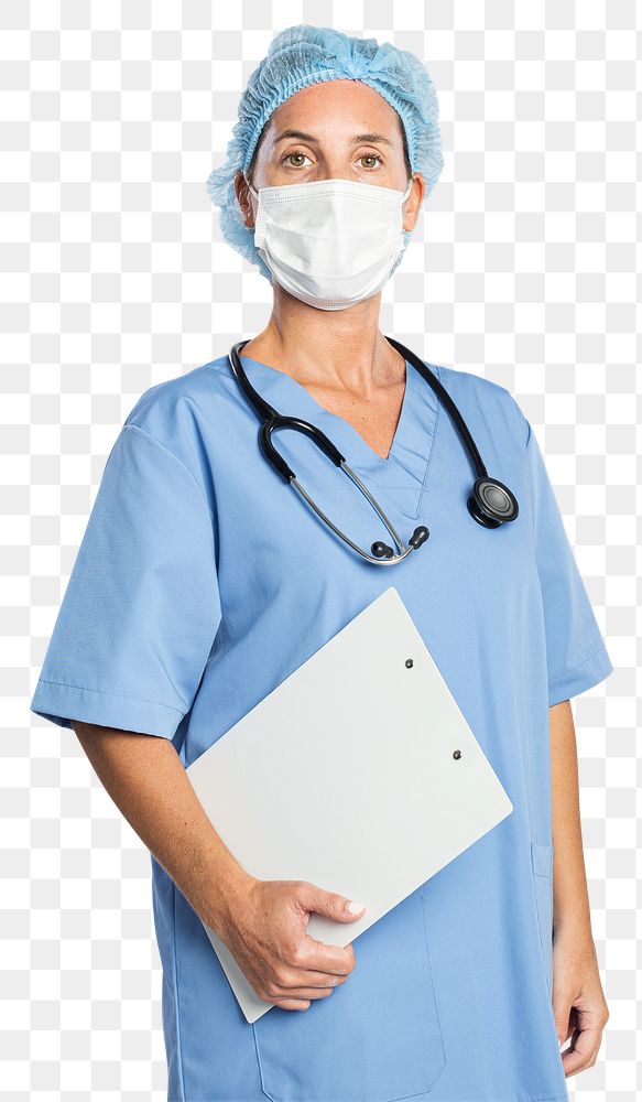 Female doctor png mockup holding a clipboard