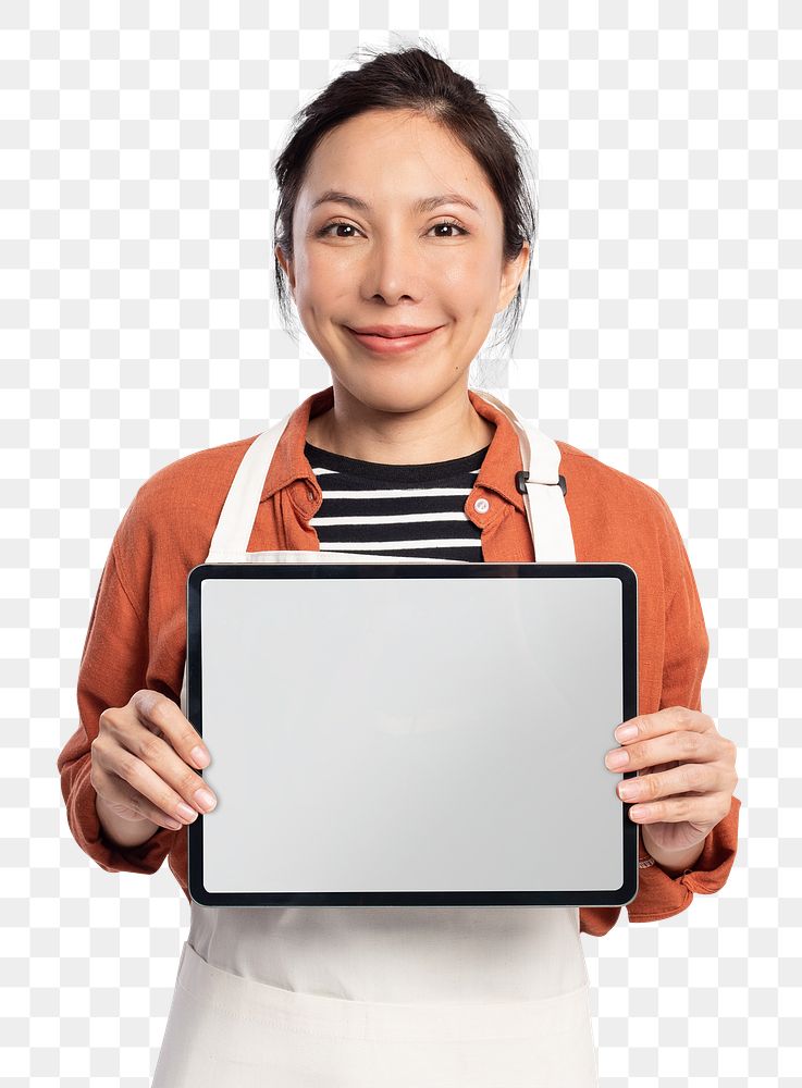 Woman holding blank tablet png