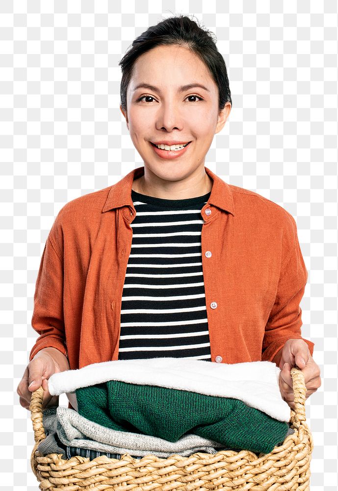 Cheerful Asian woman png mockup holding laundry basket