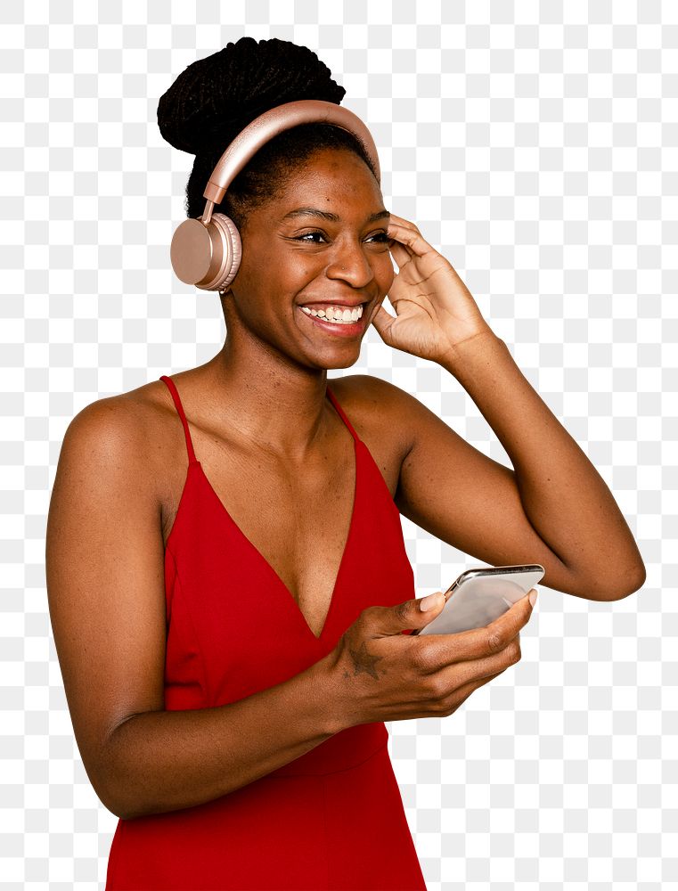 Smiling woman mockup png streaming music with smartphone digital device