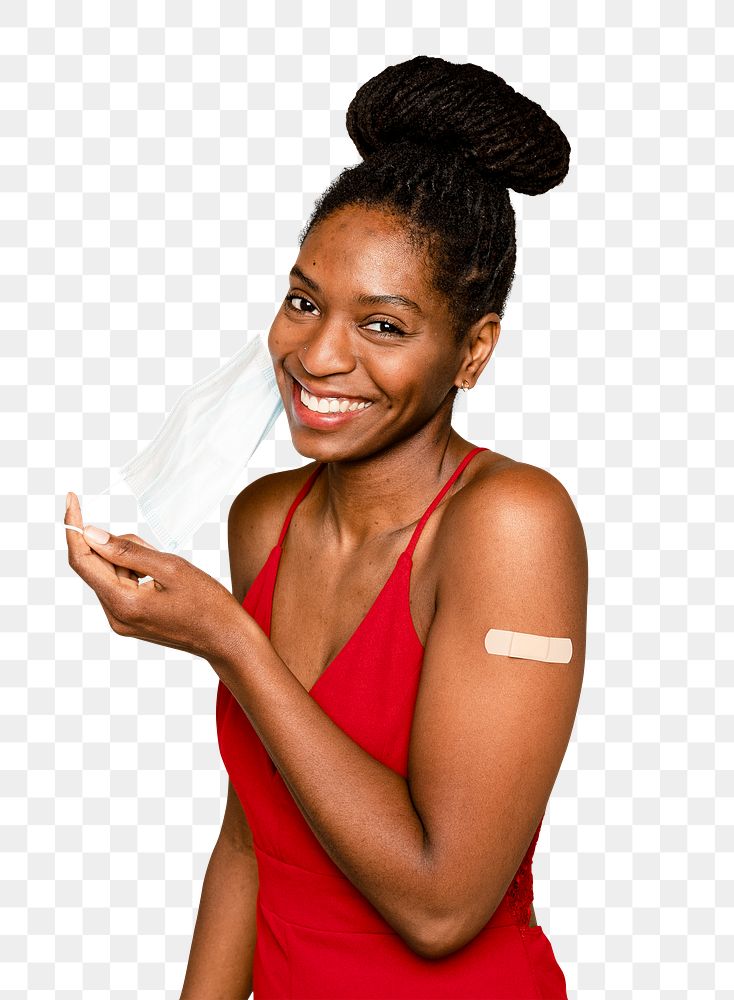 Covid-19 vaccinated woman mockup png taking off mask in the new normal