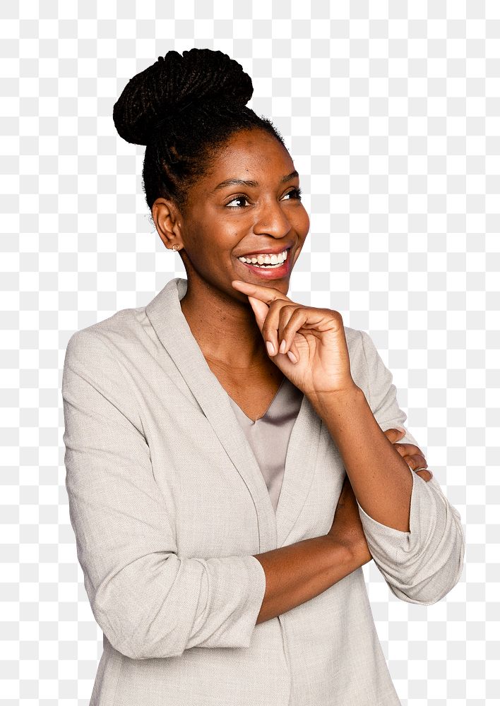 African-American woman smiling mockup png with hand on the chin