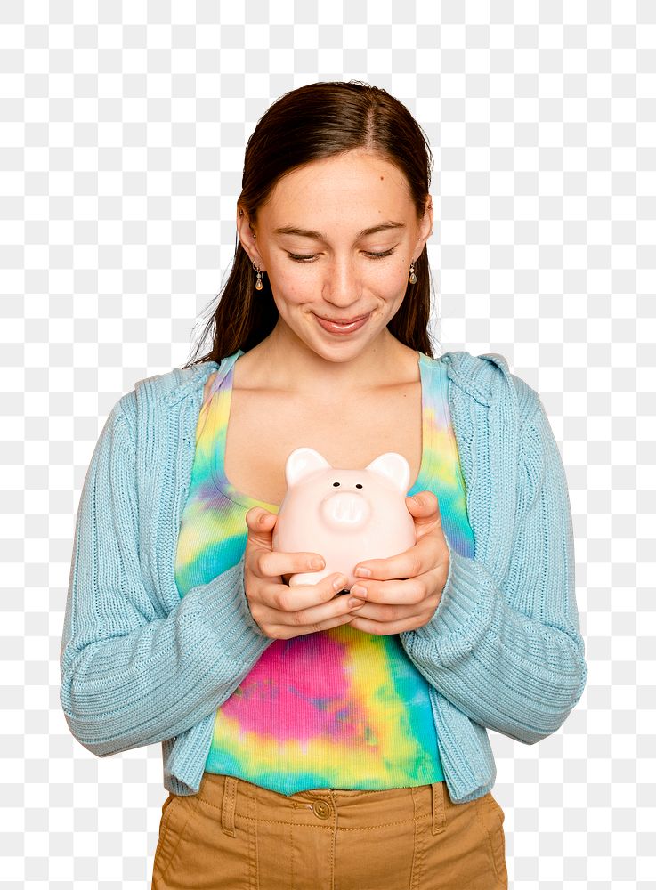 Beautiful woman mockup png holding piggy bank for financial savings campaign