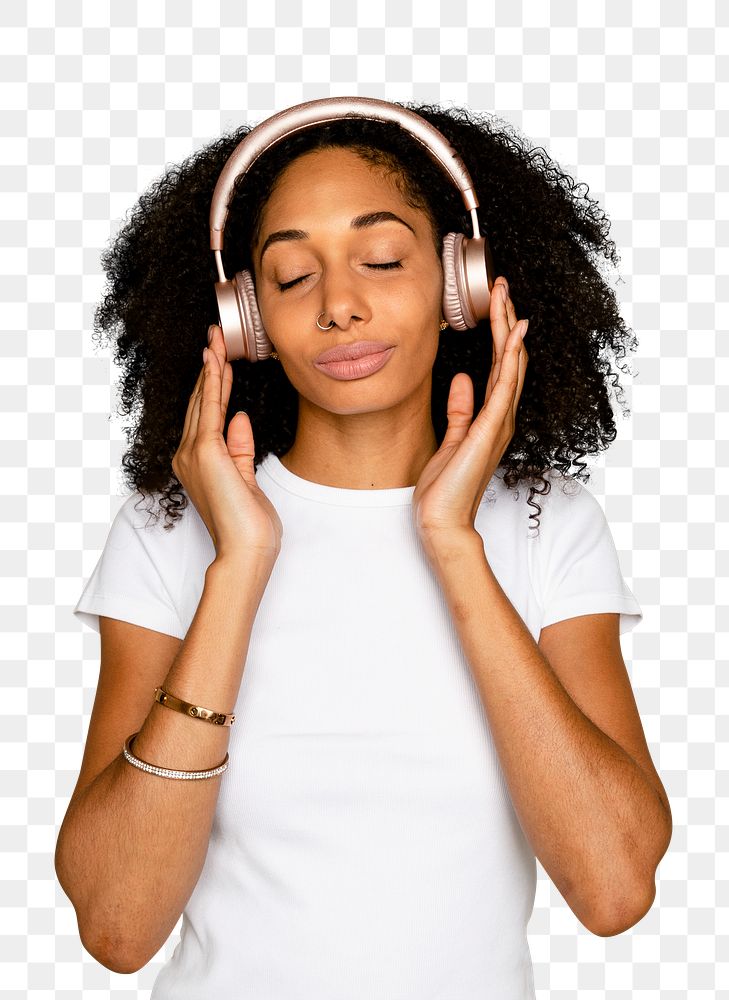 Beautiful woman mockup png listening to music through headphones digital device